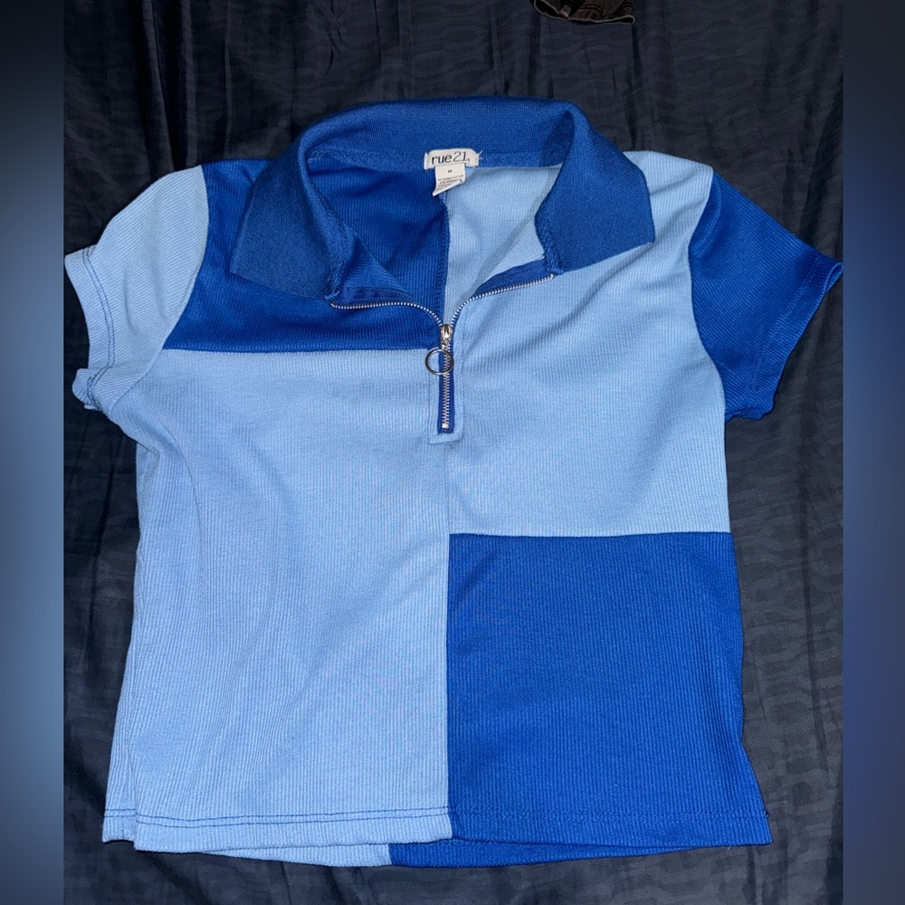blue crop top silver zipper